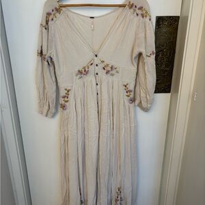 Free People Cream Sundress with Bishop Sleeves and V-Neck